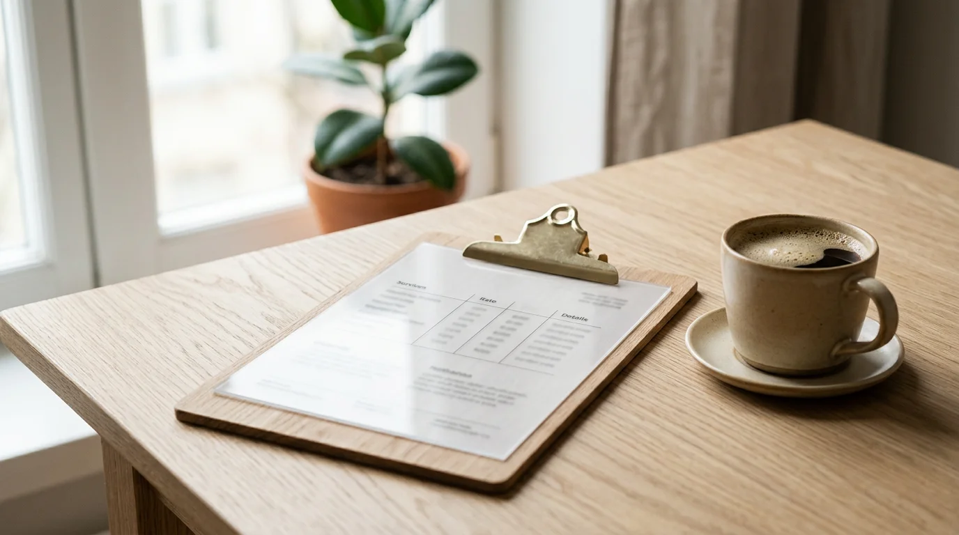 Transparent pricing document on clipboard with coffee on a professional desk
