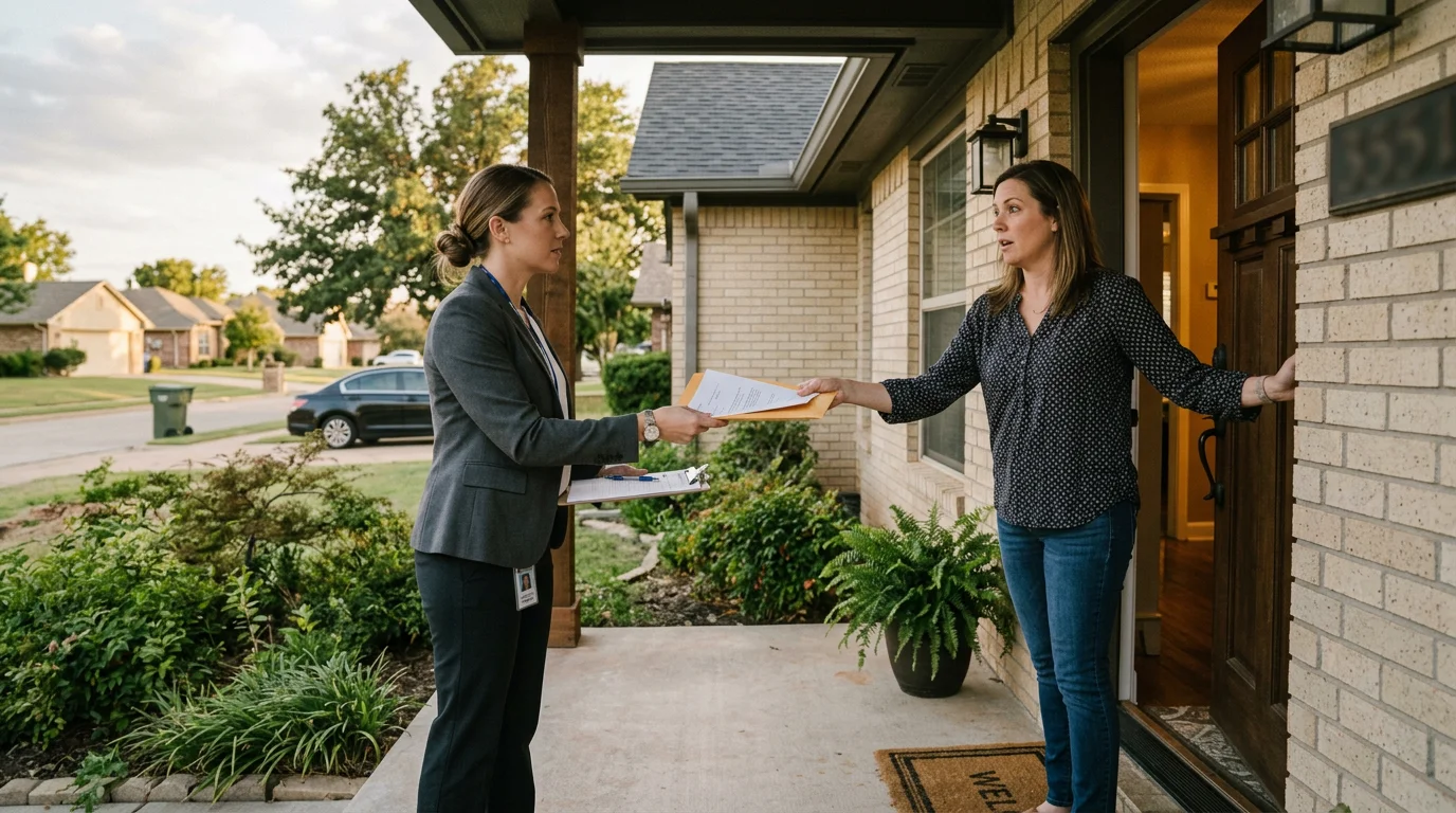 Professional process server delivering legal documents at an Oklahoma residence