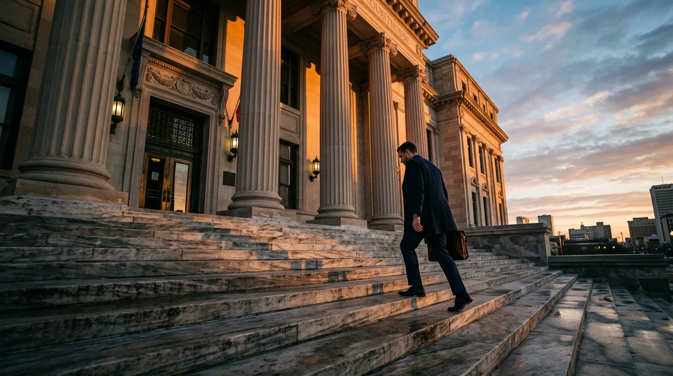 Professional entering Tulsa County Courthouse at dawn for urgent service