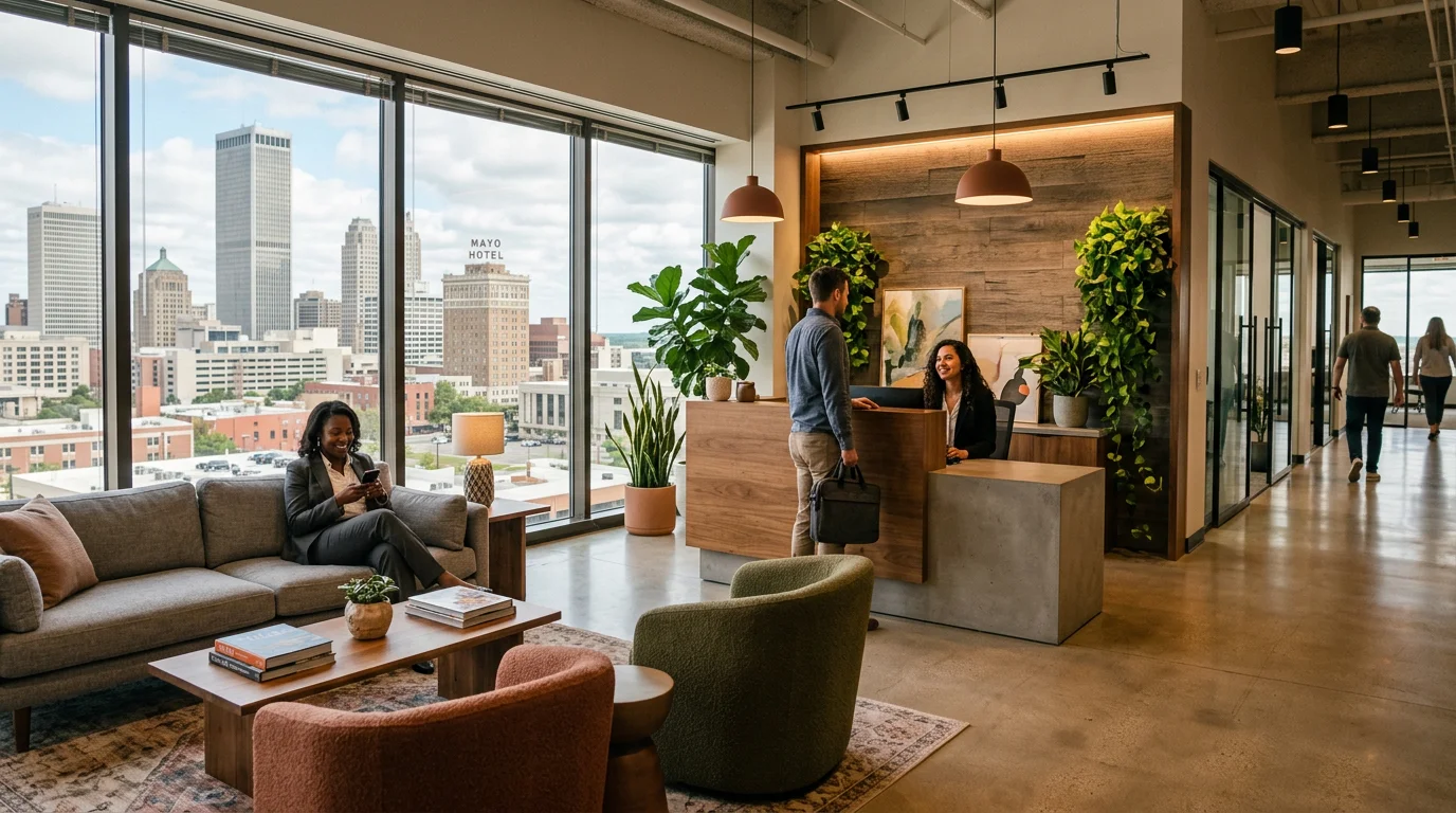 Modern professional office reception area with Tulsa city view