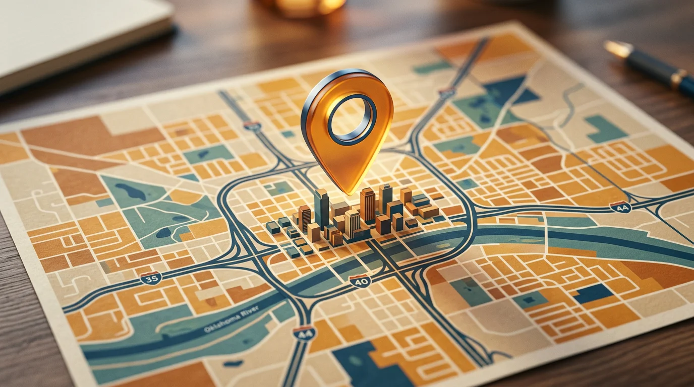 Map pin over stylized Oklahoma city map suggesting local process server coverage